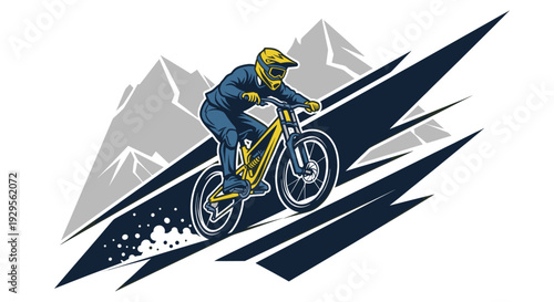 Graphic vector illustration of a mountain biker riding downhill, perfect for sport-themed designs, logos, or apparel. The detailed artwork features a helmeted rider and mountain backdrop.