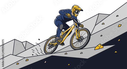 Illustrated graphic of a downhill mountain biker riding a yellow bike on gray slopes, evoking an energetic and active lifestyle, usable for sports and recreation designs.