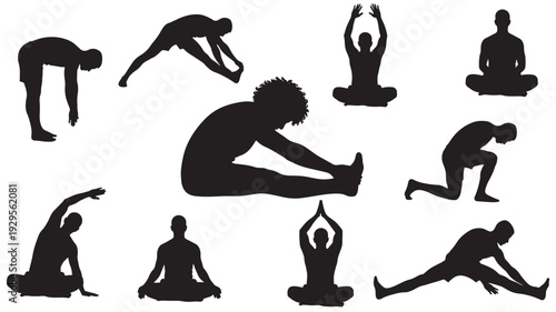 Yoga poses set with black silhouettes of various asanas and meditations featuring meditation, mindfulness, relaxation with fitness and wellness elements for exercise, stretching projects, clean