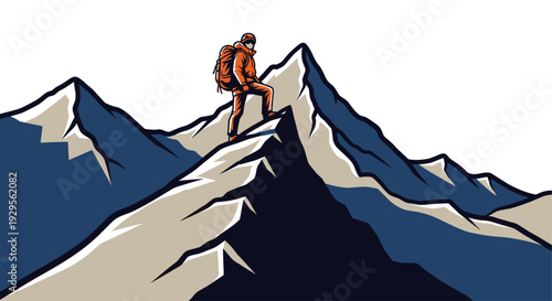 Orange-clad mountain climber reaches the summit of a rugged, blue and tan mountain range, vector illustration depicting adventure and the outdoors, for print or web use.
