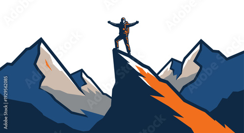 Illustration of a climber with arms outstretched, celebrating on a mountain peak, conveying success and achievement with bold colors and sharp graphic style.
