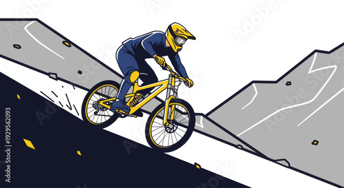 Vector illustration of a downhill mountain biker in helmet and protective gear riding a yellow bike on a steep rocky trail, creating a dynamic action scene.