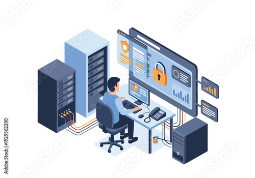 Isometric 3D vector illustration of IT security team monitoring data on screens representing cybersecurity protection, digital safety and enterprise technology