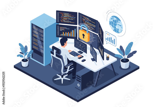 Isometric 3D vector illustration of IT security team monitoring data on screens representing cybersecurity protection, digital safety and enterprise technology