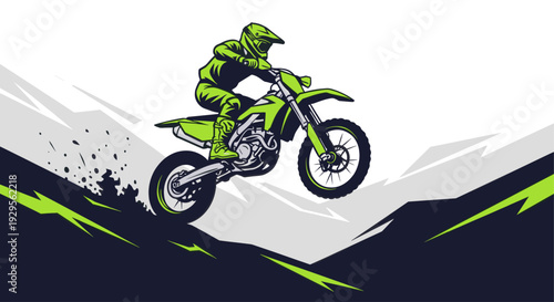 Vector illustration of a motocross rider wearing a helmet, riding a green dirt bike and jumping high over a dark track with green accents against a white background.