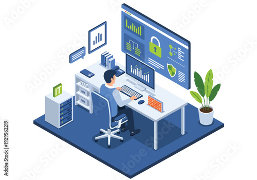 Isometric 3D vector illustration of IT security team monitoring data on screens representing cybersecurity protection, digital safety and enterprise technology