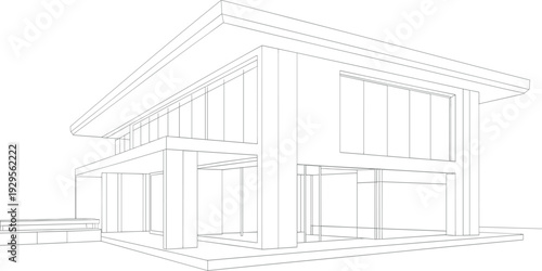 Modern minimalist house architecture line drawing featuring two story luxury home with large glass windows