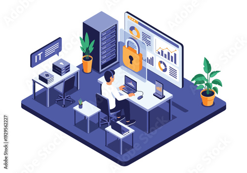 Isometric 3D vector illustration of IT security team monitoring data on screens representing cybersecurity protection, digital safety and enterprise technology