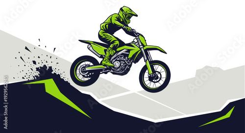 A vibrant illustration depicts a motocross rider in green gear performing a jump on a dirt bike with energy bursts around the tires, showcasing dynamic movement and skill on the track.