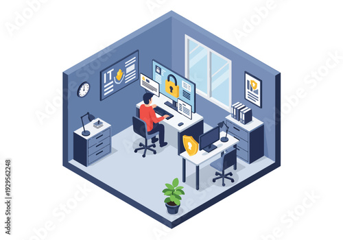 Isometric 3D vector illustration of IT security team monitoring data on screens representing cybersecurity protection, digital safety and enterprise technology