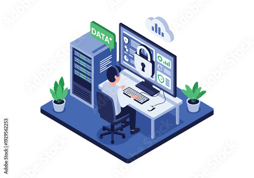 Isometric 3D vector illustration of IT security team monitoring data on screens representing cybersecurity protection, digital safety and enterprise technology