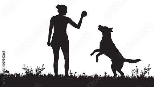 Woman and dog silhouette playing fetch in grassy field with flowers featuring play, grass, black with white and simple elements for illustration, vector projects, clean composition on simple