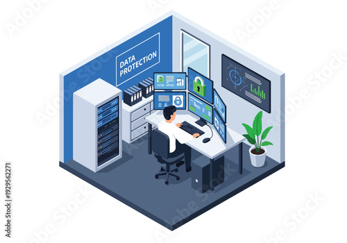 Isometric 3D vector illustration of IT security team monitoring data on screens representing cybersecurity protection, digital safety and enterprise technology