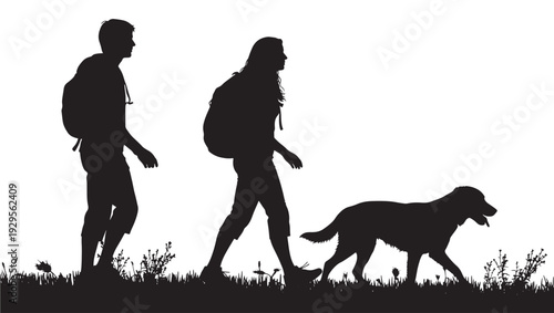 Hikers silhouette with backpacks walking dog on grassy trail, outdoor adventure travel concept, minimal black cutout figures isolated on white background