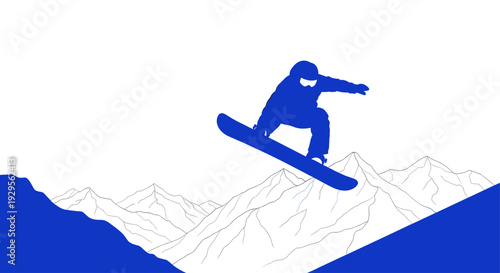 A blue silhouette of a snowboarder jumps in the air above a line drawing of mountain peaks and snow; a minimalist and modern image suitable for winter sports promotions.