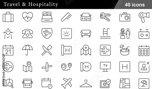 40 Travel and Hospitality Icons Set Airplane, Hotel, Suitcase and Passport Symbols in Professional Thin Line Style for Tourism and Global Mobility
