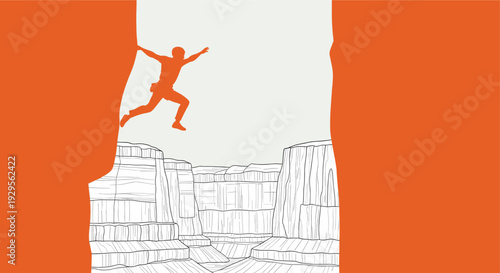 An orange silhouette of a person jumps between cliff edges over a canyon, rendered in a simple, illustrative style, ideal for adventure or travel concepts.
