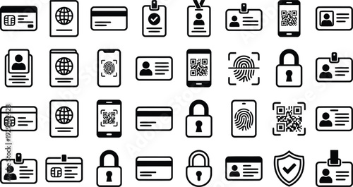 Collection of flat icons representing various forms of identification and security elements isolated on transparent background