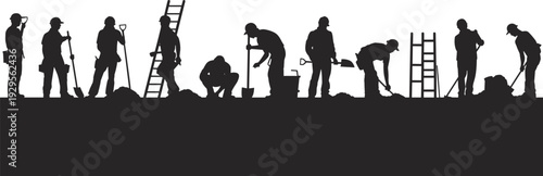 Silhouette illustration of construction workers performing various tasks with tools and ladders, 
