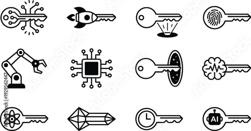Collection of futuristic and symbolic key icons representing technology and innovation concepts