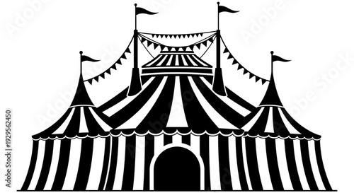 Classic black and white silhouette illustration of a large striped circus big top tent with flags and festive pennant banners creating entertainment.
