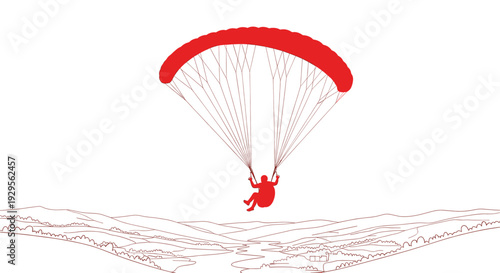 Red silhouette of a paraglider in flight over a minimalist landscape illustration with rolling hills, in a clean and striking style, perfect for graphic design and conceptual uses.