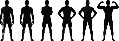 Muscular man silhouette set, male bodybuilder standing and flexing poses collection isolated, fitness strength concept, flat vector illustration