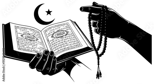 Islamic hands holding a sacred holy book with prayer beads and crescent moon star symbol, representing faith, spirituality, and devotion to religious tradition.