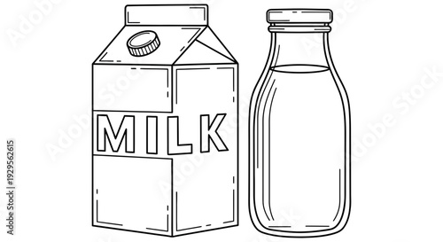 Black and white line drawing of a fresh milk carton next to a classic glass bottle, both representing dairy products and healthy beverages for various design projects.