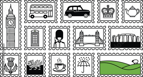 Collection of iconic British symbols depicted in stylized postage stamp illustrations forming a collage