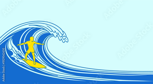 A graphic illustration shows a yellow surfer riding a blue wave on a pale blue background, evoking a sense of summer fun and the surfing lifestyle.