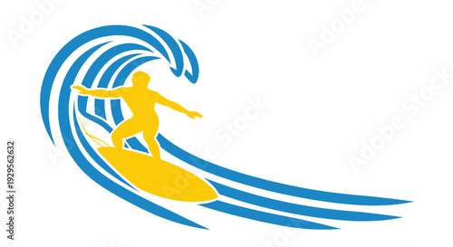 Graphic illustration of a surfer riding a blue stylized wave on a yellow surfboard against a white background, ideal for summer and sports related design.