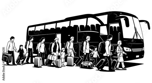 Family and friends with luggage board a large coach bus, ready for an exciting vacation trip, group tour, or long-distance journey.