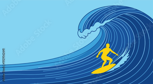 Yellow silhouette surfer rides a blue cartoon wave in this vibrant graphic illustration, perfect for summer themes and recreational activities.