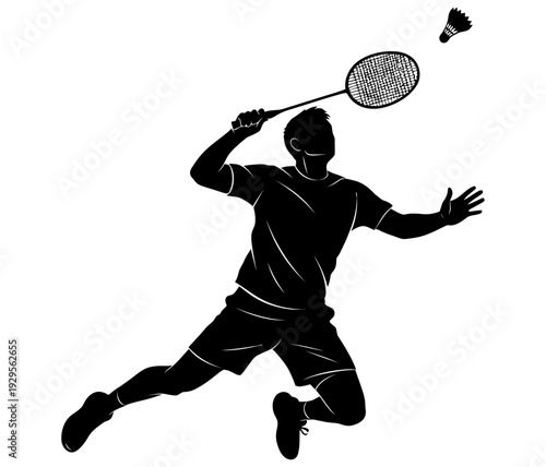 Silhouette illustration of a male athlete jumping high to forcefully smash a shuttlecock during a dynamic competitive badminton match action sequence.