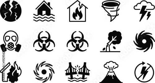 Collection of icons representing various natural disasters and hazards isolated on a transparent background for design