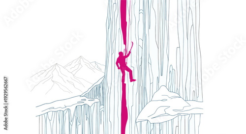 Digital illustration depicting a pink silhouetted rock climber scaling a linear cliff face with mountains in the background, conveying adventure and outdoor pursuits.