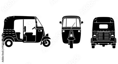 Auto rickshaw vector illustration set featuring side, front, and rear views of the popular three-wheeled passenger vehicle for various design projects and transportation concepts on white background.