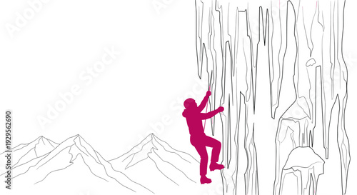 A magenta silhouette of an ice climber ascends a frozen waterfall, against a backdrop of sketched mountain peaks, evoking adventure, challenge, and the beauty of winter landscapes.