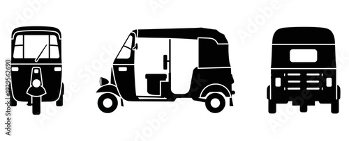 Auto-rickshaw silhouettes set in front, side, and back views. Iconic three-wheeled Asian passenger vehicle for urban transportation and travel vector illustration on white background.