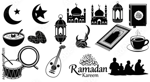 Collection of black silhouette icons representing traditional symbols and objects associated with the Islamic holy month of Ramadan Kareem celebrations and worship.