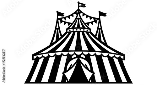 Circus tent vector illustration featuring classic striped big top design with flags and banners, symbolizing entertainment, fun, and magical performances for various events and shows.