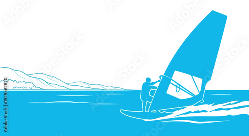 Light blue silhouette illustration of a windsurfer riding the waves with mountains in the background, ideal for a clean, modern design emphasizing watersports and recreation.