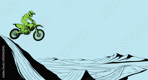 An illustration of a motocross rider in green, soaring over a dune against a blue sky, showcasing an active lifestyle and extreme sport adrenaline.