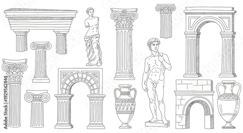 Ancient classical architectural elements and iconic sculptures presented as a detailed grey line art silhouette collection on a stark black background, showcasing historical design.