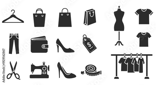 Fashion and retail icon set featuring various clothing, shopping, and design elements as modern silhouettes, perfect for e-commerce, boutique, or clothing store concepts.