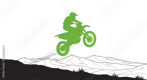 Silhouette of a green motorbike rider jumping high over mountains, perfect for illustrating extreme sports, adventure, and freedom, with a minimalist and graphical style.