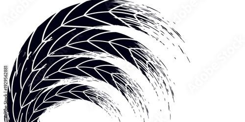 Tire tread marks, wheel textures, tire marks - car racing, motocross, drift, rally, off-road and others. Vector black isolated texture in grunge style with splashes.eps10