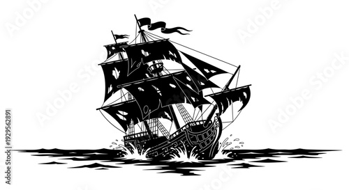 Classic pirate ship sailing through turbulent ocean waves, a detailed silhouette illustration perfect for historical or adventure themes. This vintage vessel evokes exploration and nautical journeys.
