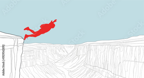 A red skydiver silhouette leaps from a cliff edge into a canyon against a pale blue sky, rendered in a simple, illustrative style, perfect for adventure and travel themes.